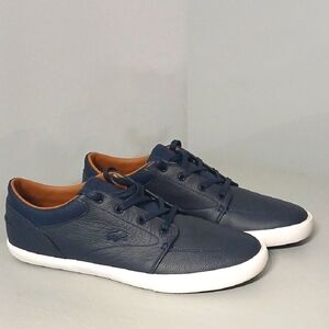 LACOSTE Navy Blue Low Top Sneakers with White Sole and Smooth Leather